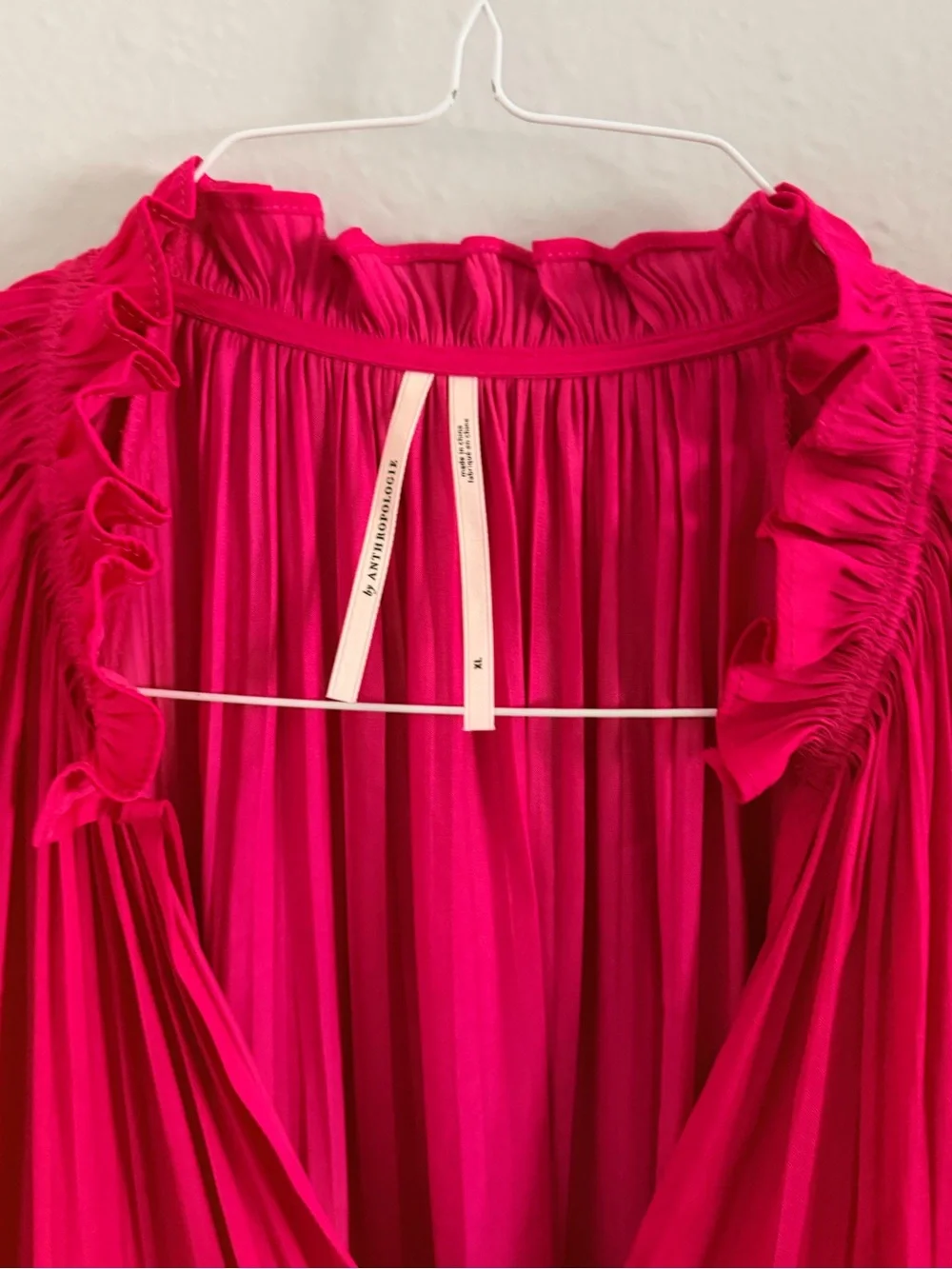 Anthropologie Vibrant Fuchsia Pleated V-Neck Tunic